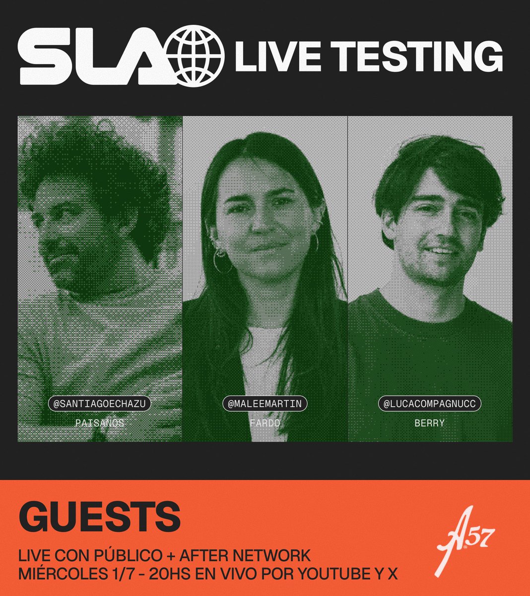 slatv_'s tweet photo. 🌎 SLA LIVE TESTING - 1 de Julio 20HS

Vamos a tener estos top guests para ver en el vivo online o en persona:
. @santiagoechazu de @paisanos_io 
. @maleemartin de @HeyFardo 
. @lucacompagnucc de @getberryapp 

Acompañados por @firmaway https://t.co/ZFqpyR5xxG
