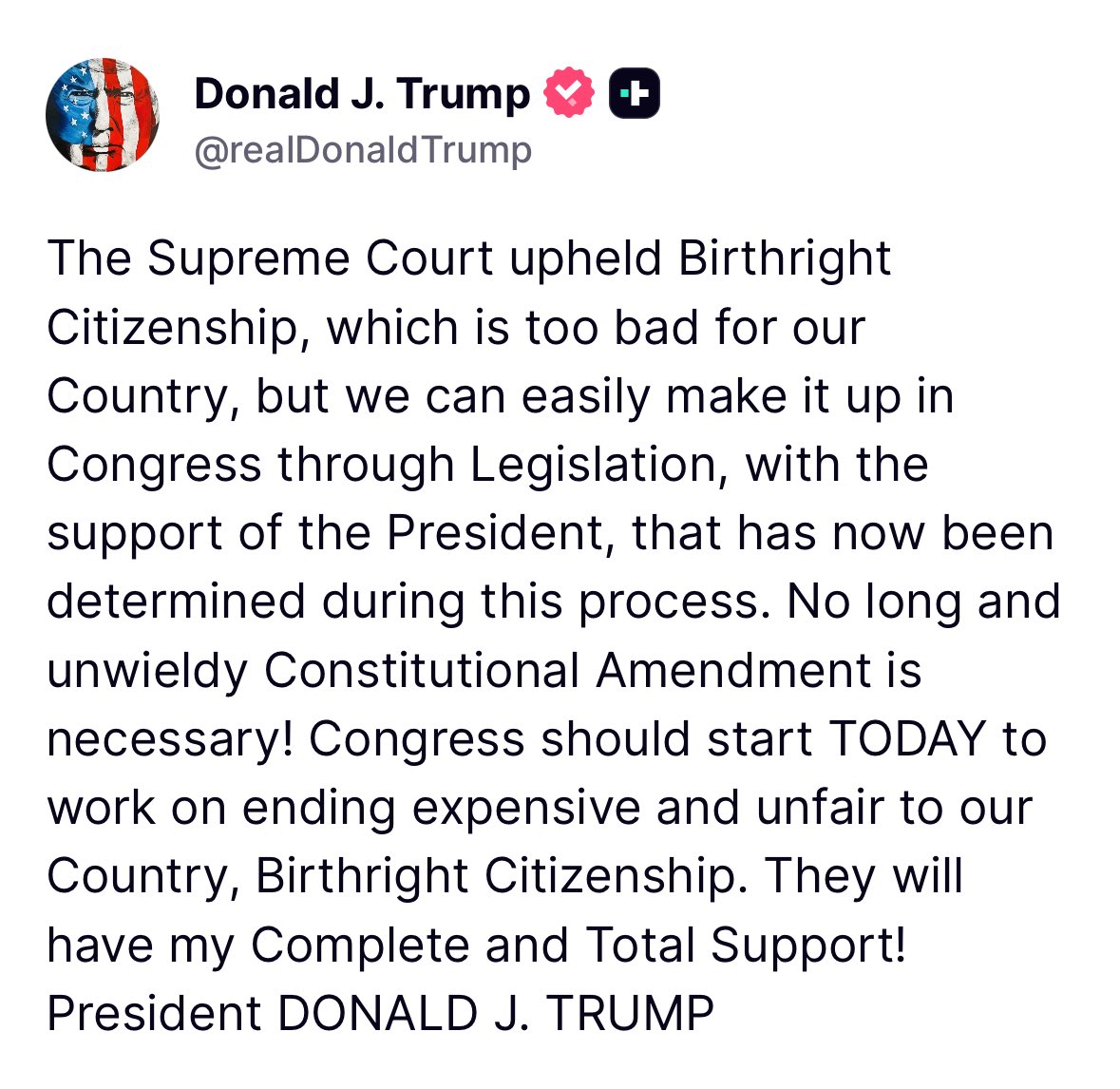 realDailyWire's tweet photo. President Trump reacts to the Supreme Court upholding Birthright Citizenship, calls on Congress to pass legislation ending it: https://t.co/DXRijNu7xV