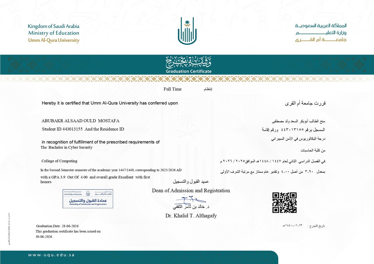 ocm_5's tweet photo. الحمدلله اللذي بنعمته تتم الصالحات 🤍 

رسميا استلمت وثيقة التخرج بدرجة البكالوريوس في تخصص الأمن السيبراني،  بمعدل 3.9 من 4 ، بتقدير ممتاز مع مرتبة الشرف الأولى 

كانت رحلة ممتعة ، الحمدلله على مسك الختام 🎓 https://t.co/qRYZY1FsTV