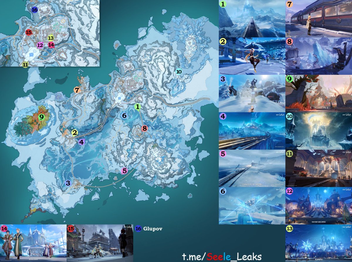 HourlyTeyvat's tweet photo. Snezhnaya's landscapes and their locations! IT LOOKS SO BEAUTIFUL! 

Via Jelena ❄️ https://t.co/ZNF2kOPCZC