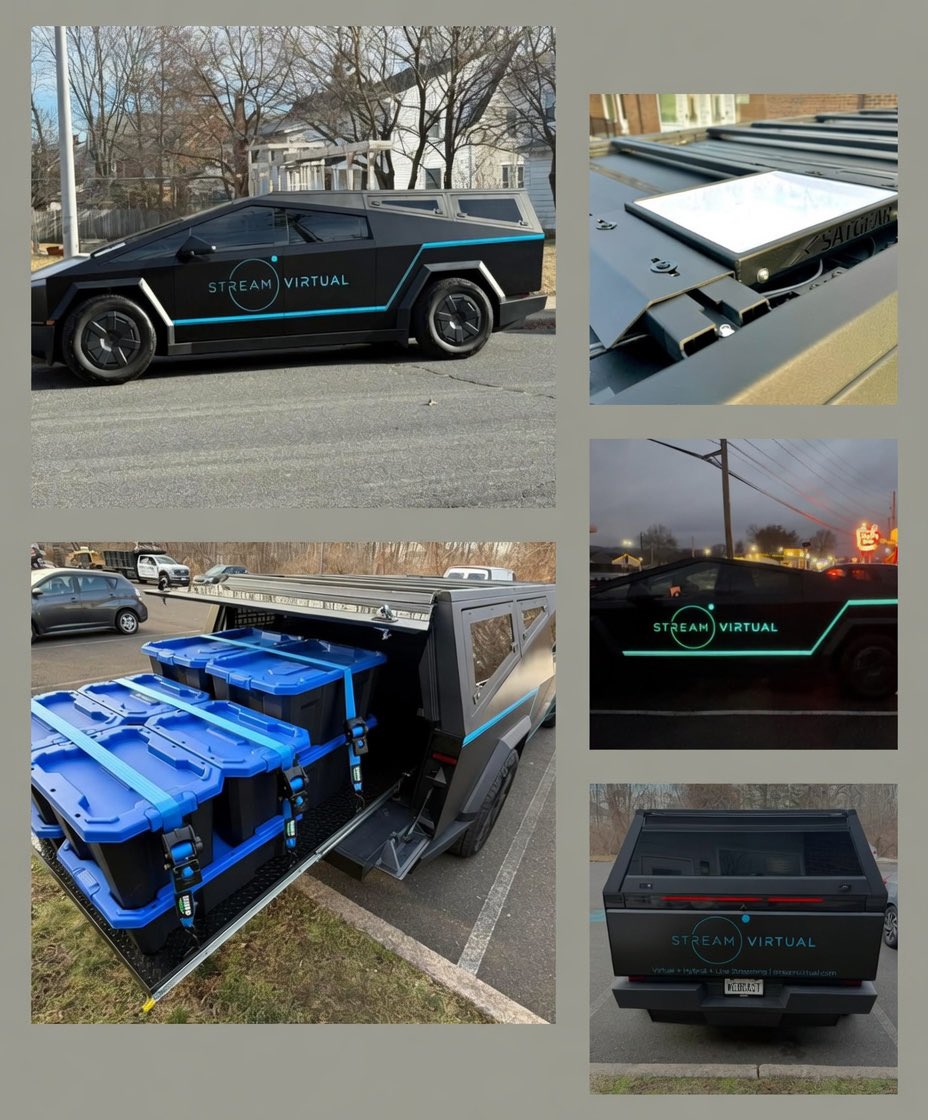 StreamVirtual_'s tweet photo. Our Cybertruck isn’t just a head turner. It’s a mobile broadcast studio.

Backup power. Backup internet. All the gear. Ready to roll.

You tell us where to park. 🛰️ https://t.co/o7iS1GWzKG
