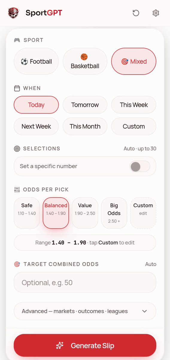 SportGpt_'s tweet photo. What's your play tonight 😏 hit SportGPT 
You don't even need to type anymore.
Pick your sport. Pick your odds range  Safe, Balanced, Value, or Big Odds. Set a target. Hit Generate.
SportGPT builds the slip — or just talk to it like normal. Your call.
https://t.co/6f53zoIE9l https://t.co/7gkxuKxVWB