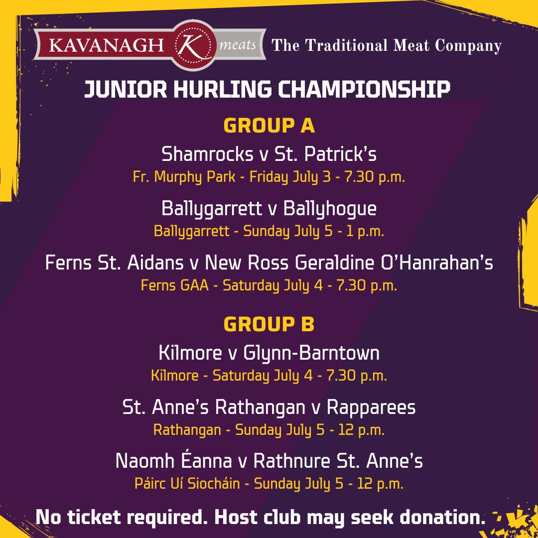 OfficialWexGAA's tweet photo. All the fixtures details for the coming weekend's Round 2 matches in the Kavanagh Meats Traditional Meat Company Junior &amp; Junior 'A' Hurling Championships.  

No tickets necessary for these matches, though the host clubs may seek a suggested donation by way of an entry fee. https://t.co/HPS2oozqx8