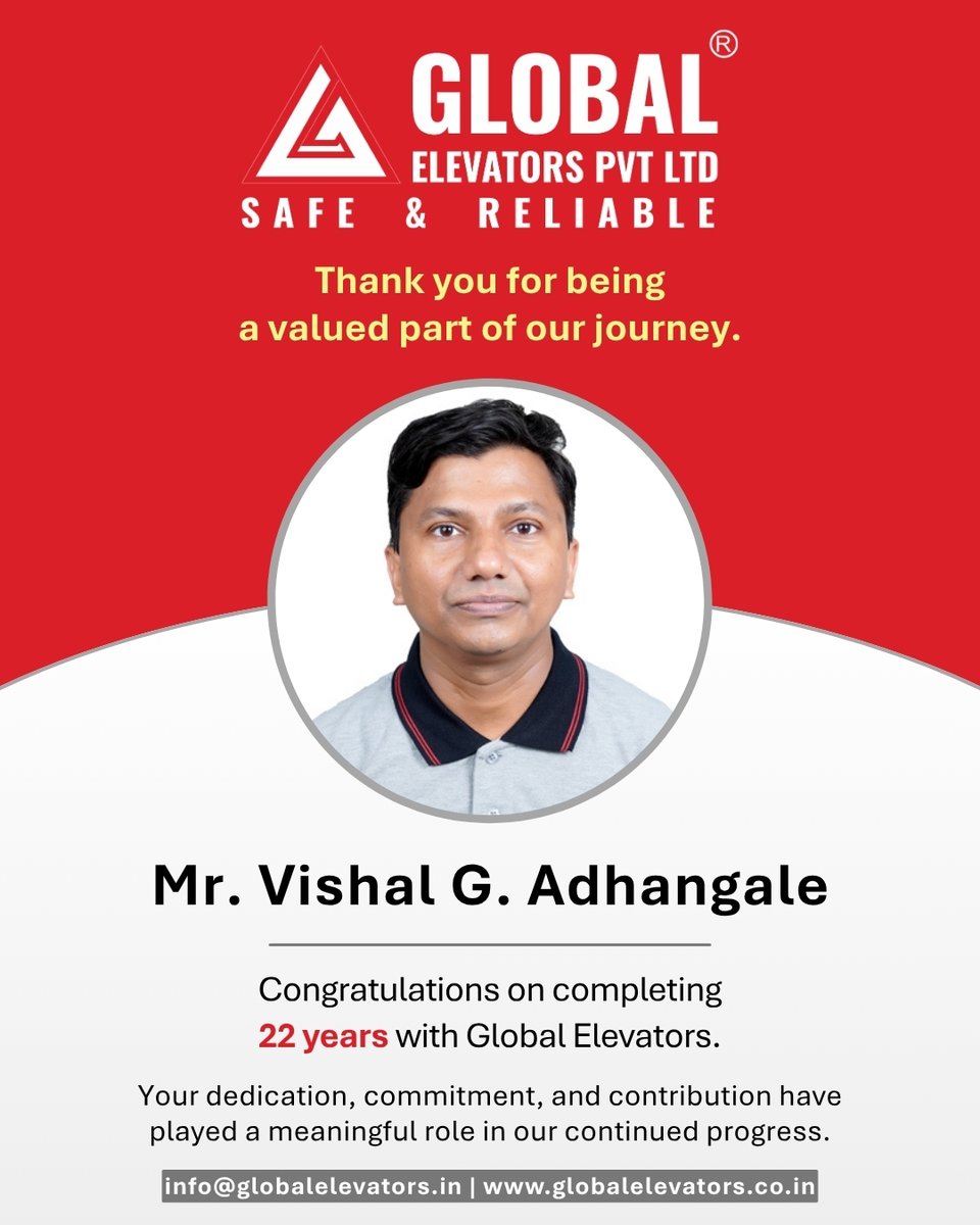 GlobalElevatorN's tweet photo. Celebrating 22 Years of Dedication and Excellence!

Mr. Vishal Adhangale, congratulations on completing an incredible 22-year journey with Global Elevators.

#WorkAnniversary #22YearsStrong #TeamGlobalElevators #EmployeeAppreciation #MilestoneMoment #LoyaltyAndDedication https://t.co/kgF43Ony0o