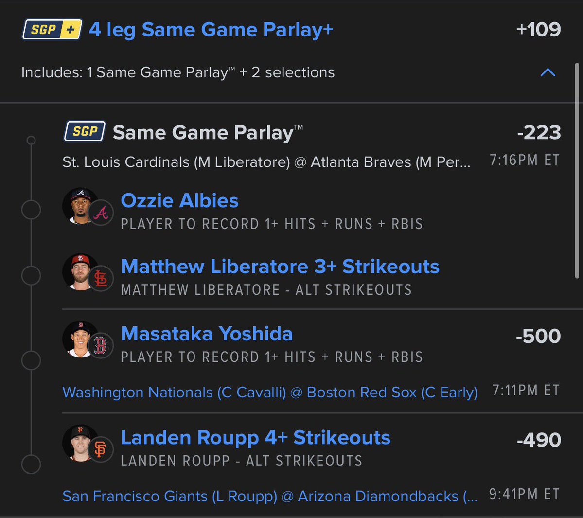 EdgeBetVIP's tweet photo. 🚨 Today’s Card 🚨

⚽ Mbappé 3+ SOT
⚽ Haaland to Score or Assist

⚾ MLB Parlay
✅ Antonacci 1+ HRR
✅ Chourio 1+ HRR
✅ Ohtani 1+ HRR
✅ Arraez 1+ HRR

⚾ SGP 
✅ Albies 1+ HRR
✅ Liberatore 3+ Ks
✅ Yoshida 1+ HRR
✅ Roupp 4+ Ks

💰 Chourio 2+ RBI

#GamblingTwitter https://t.co/hKFNxPVLjP