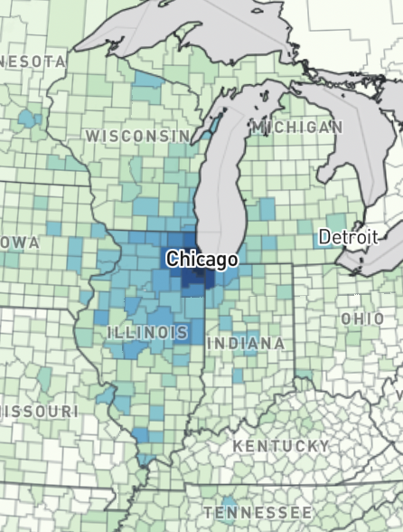 gmoult's tweet photo. the social connectedness of chicago and eastern europe https://t.co/WBjL9bldOF
