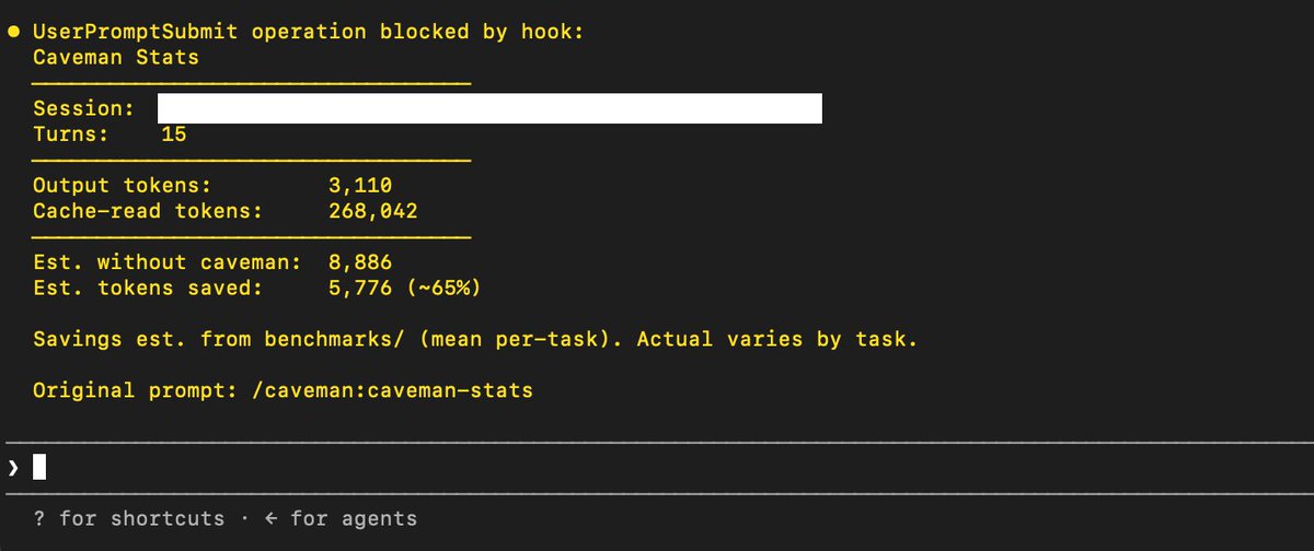 Caveman token-savings panel showing output tokens reduced by roughly 65 percent versus normal verbose output