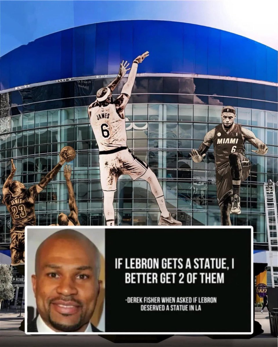 Hoopss's tweet photo. Derek Fisher stated that if LeBron has a statue, then he should have two in Los Angeles. https://t.co/saOkeIGiMl