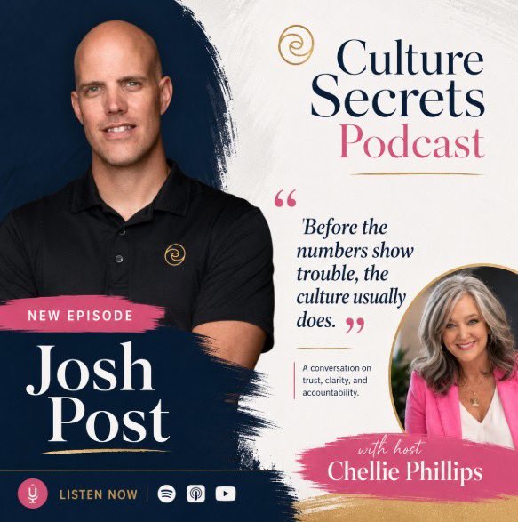 p_chellie's tweet photo. Before the numbers show trouble, the culture usually does.
In this episode of Culture Secrets, I talk with Josh Post about trust, clarity, accountability, leadership self-sabotage, and how leaders can turn culture around before it’s too late.
🎧 From Chaos to Clarity: How Leaders Turn Culture Around

https://t.co/hSBlLp0lQT

#CultureSecrets #Leadership #WorkplaceCulture