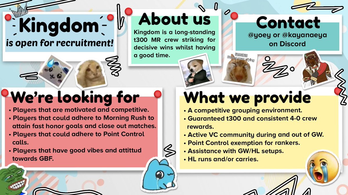 DeathofSilence2's tweet photo. Kingdom is recruiting for GW84 - Light Edition!

We are a long standing competitive top 300 MR performance focused crew that likes to have an enjoyable time playing GW while still striving for decisive wins.

Interested in applying? Look below for more info. https://t.co/D83OkyKE6K