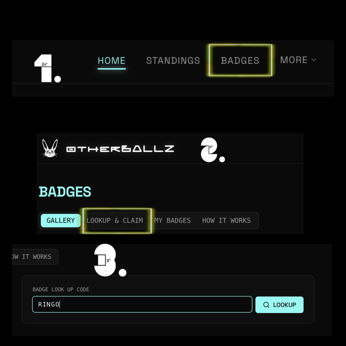 OtherBallz's tweet photo. 2/3 

To claim the Ringo x otherBALLZ badge! 

1. Log into https://t.co/qS1JaeXlrR with your GLYPH wallet!
2. Create your user profile as "substitute". 
3. Claim your badge!
4. Link your glyph wallet to your Ringo account! https://t.co/CodbYw5Qup