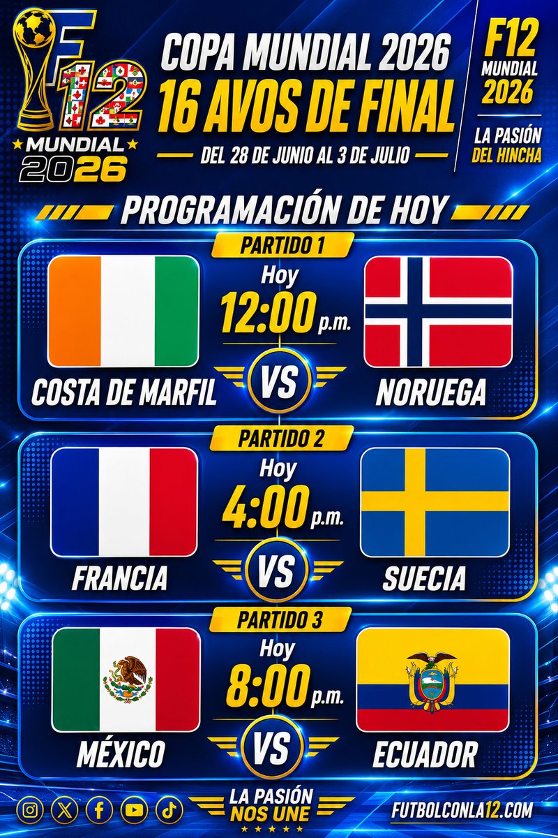 F12radiotv's tweet photo. #F12Mundial2026 
La Actualidad de la Fiesta Mundialista 
2026
En Tú Canal Deportivo 
@F12radiotv 
La Evolución de la Interacción 
#Futbolconla12 
Hoy 
Jornada 16 Avos de Final https://t.co/zfAtOKZK3y