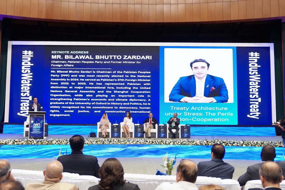 UmairMBChandio's tweet photo. Chairman @BBhuttoZardari addressing the seminar at Jinnah Convention Centre on “Indus Waters Treaty An Effective Instrument for Peace and Regional Stability.”
Pakistan’s message to the world is clear the Indus Waters Treaty cannot be undermined by arrogance nor can water be weaponized. Rivers are a source of life, peace and shared prosperity not political coercion.

#IndusWatersTreaty