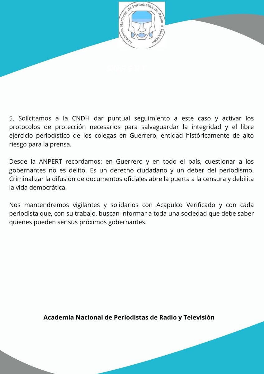 juthsha's tweet photo. #Relevante
Para la #Anpert las amenazas a @AcapulcoVerificado, son inaceptables. El periodismo de verificación es clave en Guerrero.
Atentar vs medios que combaten la desinformación es atacar el derecho de la sociedad a estar informada. https://t.co/Why7ZVwesm