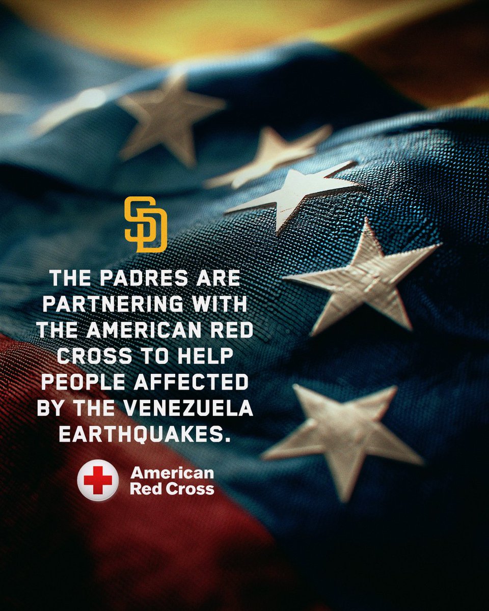 Padres's tweet photo. Our hearts go out to Venezuela 💛

We have made a $100,000 donation to the American Red Cross’ dedicated Venezuelan Earthquake Relief Fund following last week’s devastating events. Fans who are interested in joining the relief efforts can visit https://t.co/ERtaGmv9cb to learn more and donate.