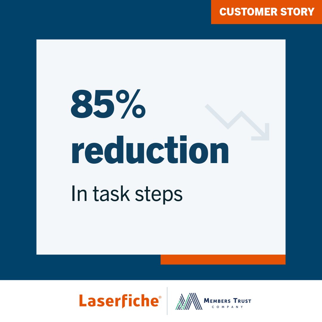 laserfiche's tweet photo. "We have a reputation for reliability. Laserfiche enables us to deliver on that every day."—Diana Begley, process architect at Members Trust Company (MTC). 

MTC needed a structured and easier to manage system for its internal processes. By using Laserfiche for connecting and automating processes they were able to: 

🕒 Reduce accounting servicing time from 45 to 15 minutes
🪜 Cut task steps from 15 to two
🙋 Process more than 1300 automated account requests within months

Read how they did it 📖: https://t.co/x0nenaariN