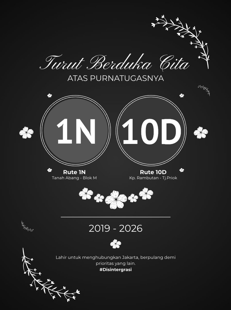 DuaBelasBe's tweet photo. Hari ini, Rute 1N dan 10D resmi dihentikan.

Transjabodetabek terus berkembang. Namun, konektivitas di dalam Jakarta justru berkurang.

Integrasi seharusnya menambah pilihan, bukan mengurangi.

#Disintergrasi https://t.co/O36RRTdzkV