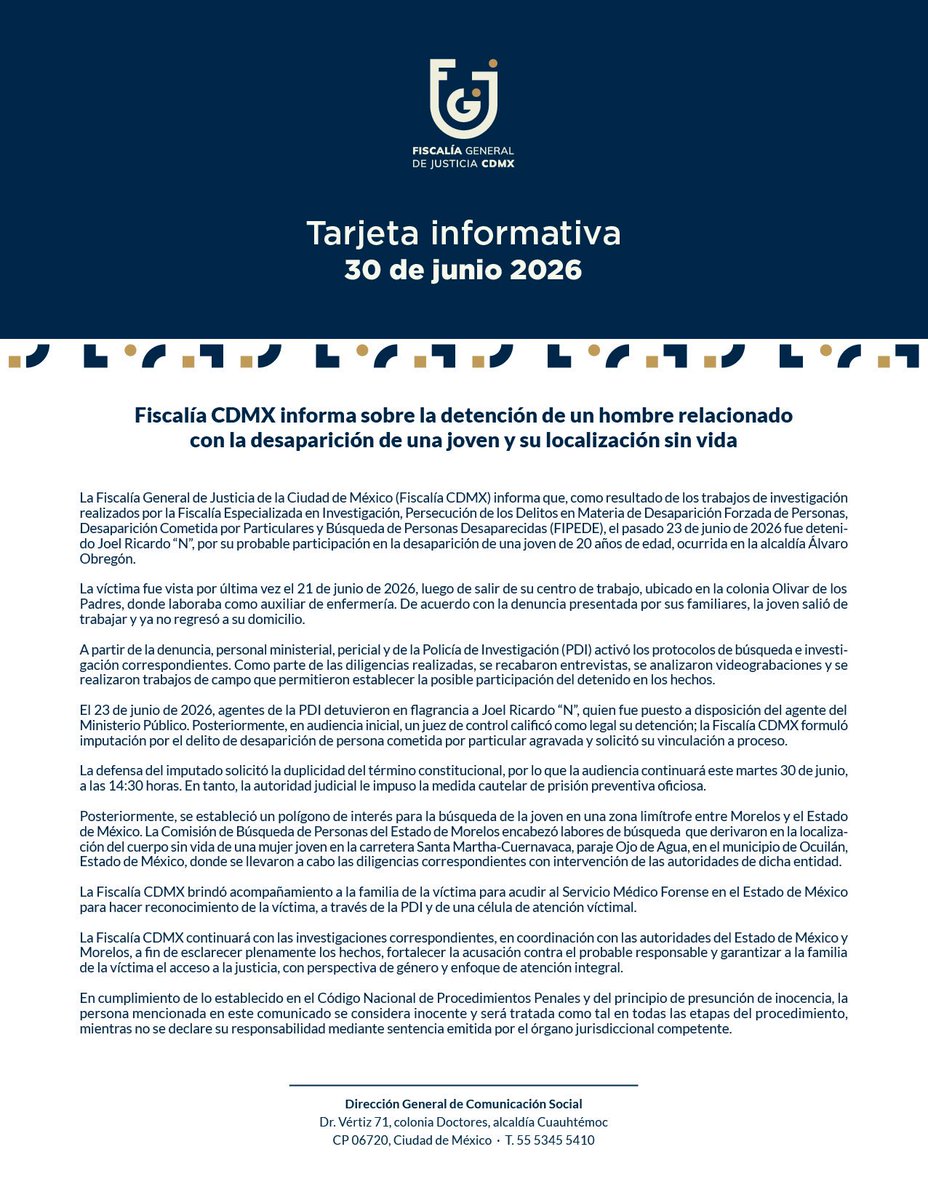 azucenau's tweet photo. 🔴Localizan sin vida a Fátima Ozoara

La Fiscalía de la Ciudad de México informó el hallazgo del cuerpo de la joven de 20 años que había sido reportada como desaparecida en la alcaldía Álvaro Obregón.

Las autoridades detuvieron en flagrancia a un hombre identificado como Joel Ricardo 'N' por su presunta participación en la desaparición.