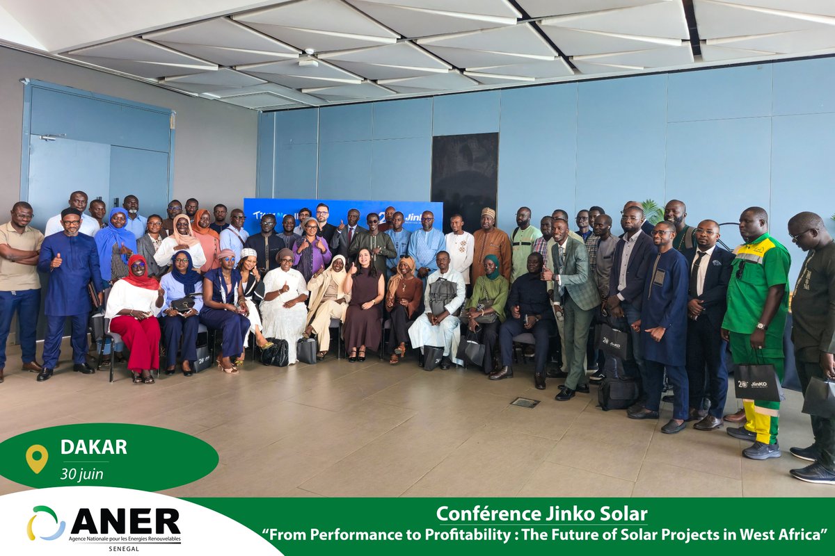 anersenegal's tweet photo. Le DG de l’ANER, Pr Diouma Kobor, a pris part ce mardi 30 juin 2026 à la conférence de @JinkoSolarCoLtd sur le thème : « From Performance to Profitability: The Future of Solar Projects in West Africa ».
🎂 + 2️⃣0️⃣ ans Jinko Solar
#ANER #JinkoSolar #Solaire https://t.co/vnxnQTwZEG