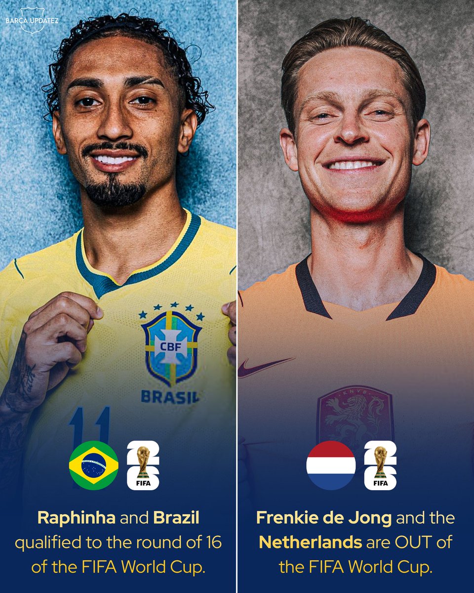 barca_updatez's tweet photo. 🇧🇷 Brazil have advanced to the round of 16 of the FIFA World Cup after defeating Japan as Raphinha continues his recovery.

🇳🇱 Frenkie de Jong and the Netherlands, on the other hand, are OUT following their defeat against Morocco. https://t.co/6cm9BdQt9G