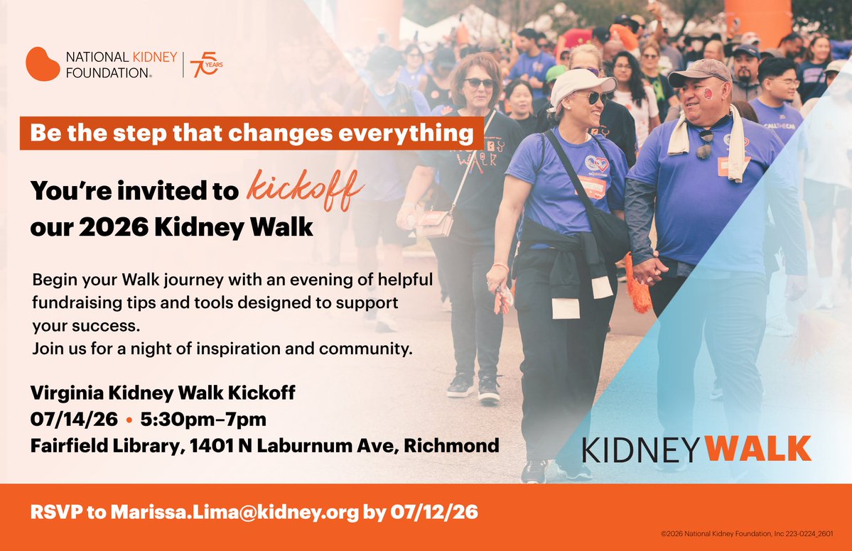 NKFNCA's tweet photo. Stop by our Virginia Kickoff Event at the Fairfield Library (in Richmond) on Tuesday July 14th, between 5:30PM and 7:00PM to learn more about the National Kidney Foundation's Virginia Kidney Walk. 📷📷 RSVP marissa.lima@kidney.org https://t.co/GSjBXeLexr