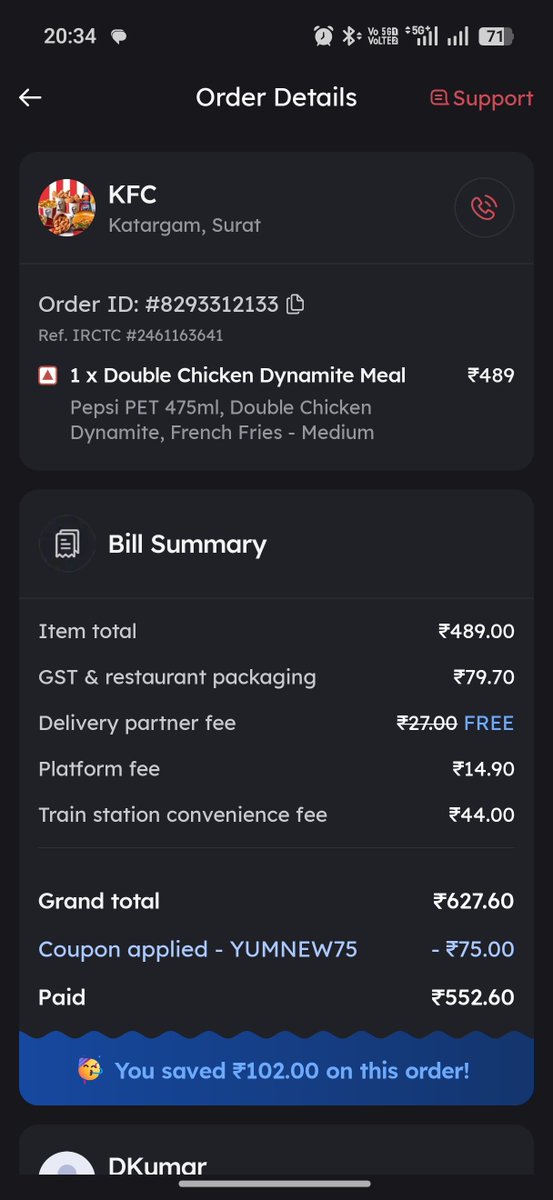 Dkumar2348's tweet photo. Very pathetic service by Zomato. They were unable to deliver my order on time to the train. They have already failed to provide reliable door delivery, and now they are failing at train deliveries as well.

@zomatocare 
@Zomato_india https://t.co/Fjk6yvCVS7