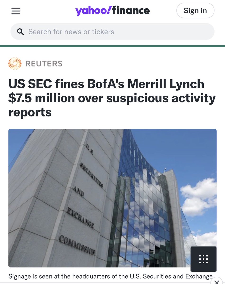 kshaughnessy2's tweet photo. Oh look it happened again… but keep issuing cost of doing business fines that won’t change behavior.
“The U.S. Securities and Exchange Commission said on Monday it fined Bank of America's Merrill Lynch unit $7.5 million for failing to file numerous suspicious activity reports from April 2020 to September 2024”
