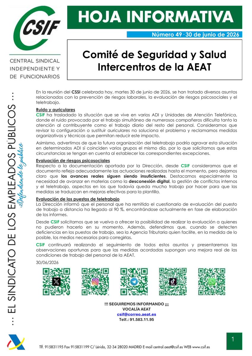 CSIFAEAT's tweet photo. CSIF traslada a la Dirección de la AEAT las incidencias detectadas en materia de ruido en los ADI, evaluación de riesgos psicosociales y teletrabajo, reclamando medidas que mejoren las condiciones de trabajo de la plantilla.
#CSSI #AEAT #Prevención #Teletrabajo https://t.co/Jke0k2NDGk