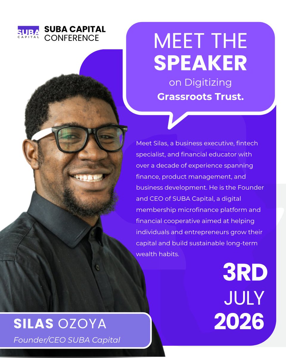 SUBACapital's tweet photo. What will Silas @OzoyaSilas  be doing at #SUBACON26?
He's speaking on Digitizing Grassroots Trust, how Ajo &amp; Esusu can move into the digital age without losing the community trust.

If the future of inclusive finance interests you, this session is for you.
https://t.co/XFyi5VatHV https://t.co/AjwPbkCs5p
