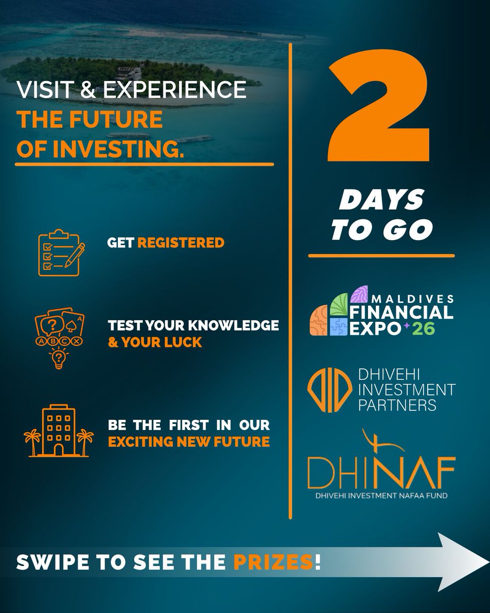 dip_mv's tweet photo. Exciting prizes. Smart investing. One unforgettable experience.

Visit the Dhivehi Investment Partners stall at the Maldives Financial Expo 2026 and discover the future of investing.

✔️ Register for your chance to win a 2-night stay at Araaik Beach Village
🎯 Test your knowledge and your luck for a chance to win one of 30 daily MVR 100 Share Trading Vouchers
🍪 And don’t forget to grab a freshly baked cookie while you’re there.

📍 Central Park, Hulhumalé
📅 2–4 July

#MaldivesFinancialExpo2026 #MFE2026 #Maldives
