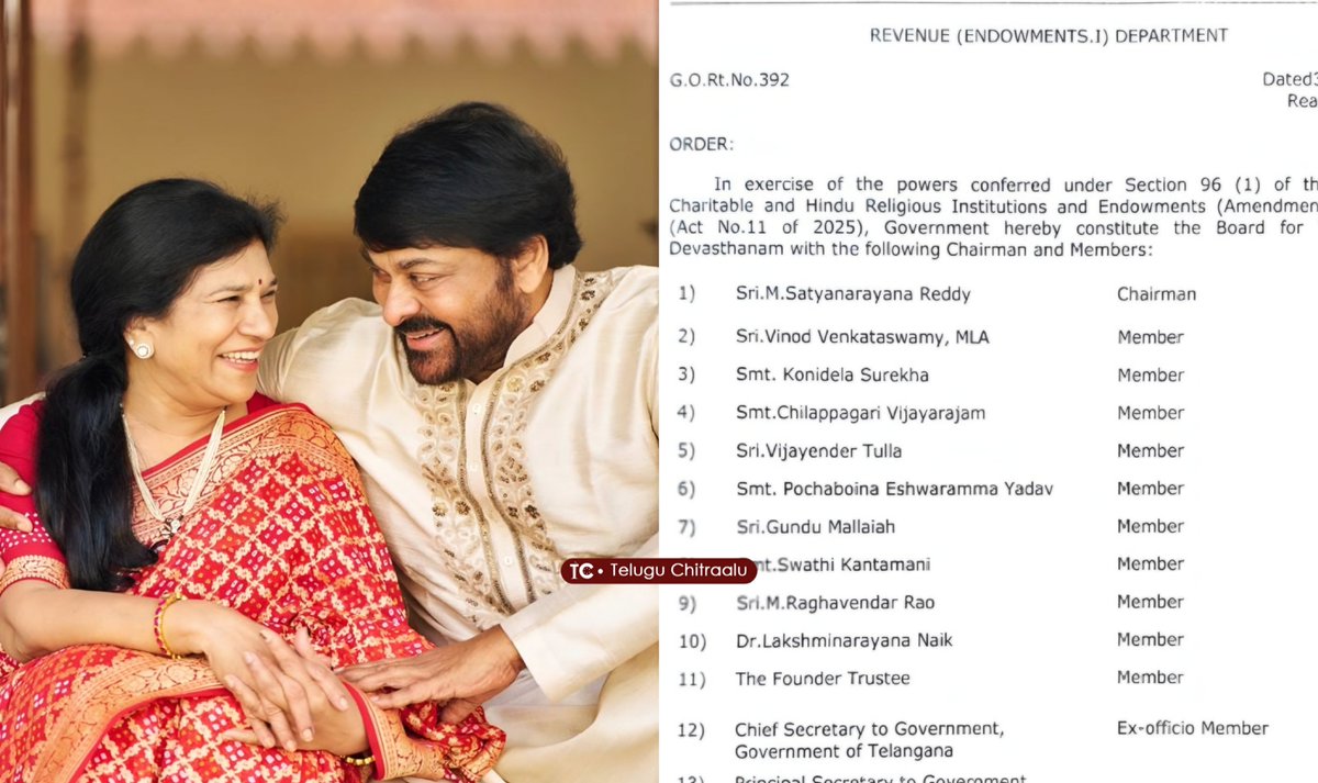 CineChitraalu's tweet photo. INFO:

SMT Konidela Surekha, Wife of MEGASTAR #Chiranjeevi Konidela, has been appointed as a member of the newly constituted Yadagirigutta Devasthanam Board by the Telangana government. https://t.co/3VBTpghuoQ