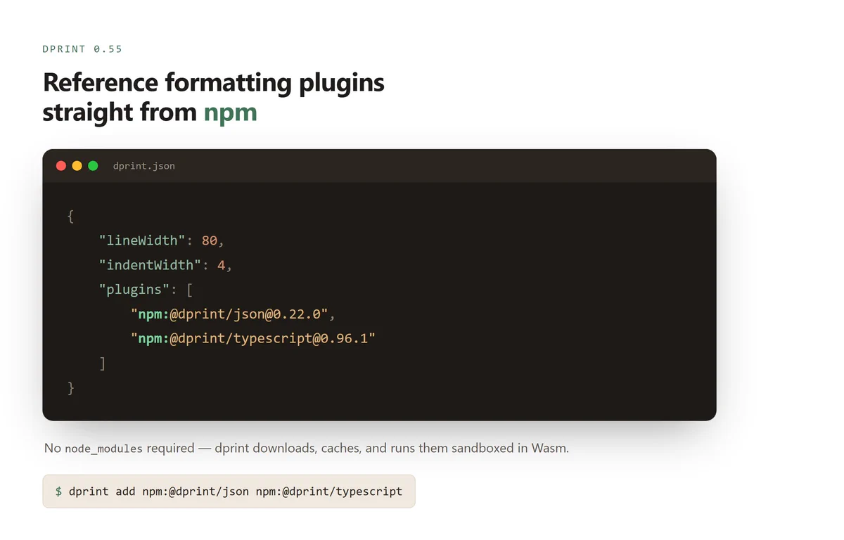 dprint.json config with npm specifiers.