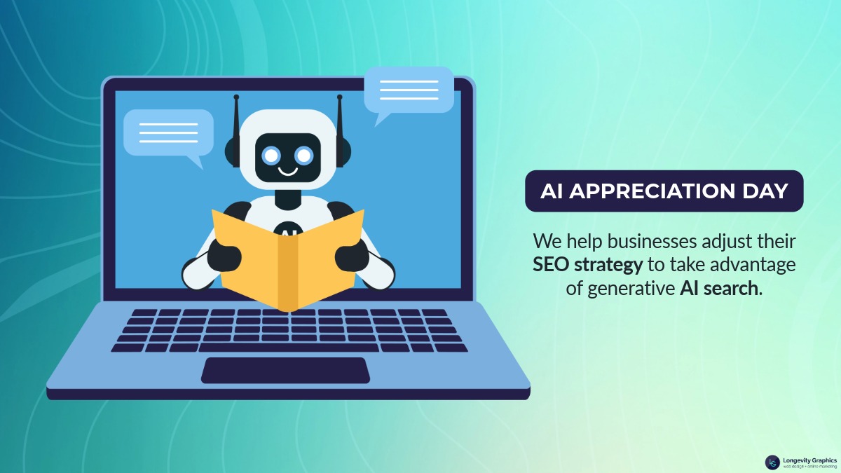 LongevityWeb's tweet photo. Today is AI Appreciation Day! 🤖 AI is transforming our lives and businesses, so it’s important to know more about it.

We help businesses adjust their SEO strategy to take advantage of generative AI search. Learn more: https://t.co/ptD02Te8yR

#longevity #coquitlam #tricities https://t.co/6YzMmcv78y