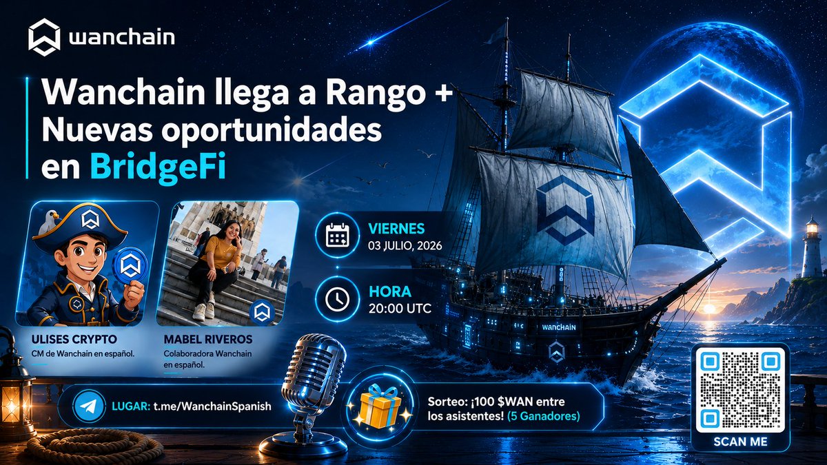WanchainSpanish's tweet photo. 🎙Sesión AMA con @Ulises_Crypto — ¡No te lo pierdas!
TEMA: Wanchain llega a Rango + Nuevas oportunidades en BridgeFi. 💰🚀
🎁 $WAN en premios, más sorpresas.
📄 Deja tu pregunta en el formulario y participa por uno de los premios: https://t.co/KzWQTSFPTk
📅 Viernes, 03 de Julio 20:00 UTC en nuestro Telegram en español: https://t.co/BLFU4zL2kF
#Wanchain #AMA #WAN #DeFi #Airdrop