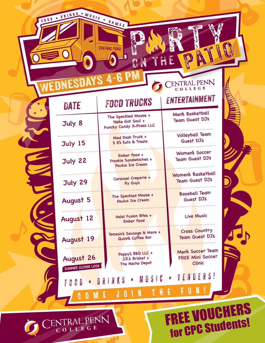 CentralPenn's tweet photo. Central Penn College’s 2026 Party on the Patio series is back!

Join us Wednesdays, July 8 through Aug. 26, for food trucks, vendors, games, music and summer fun on campus.

Open to the public. Students get free food vouchers each week.

8/26 is also our Summer Closer Look event! https://t.co/RgWKJugvFB