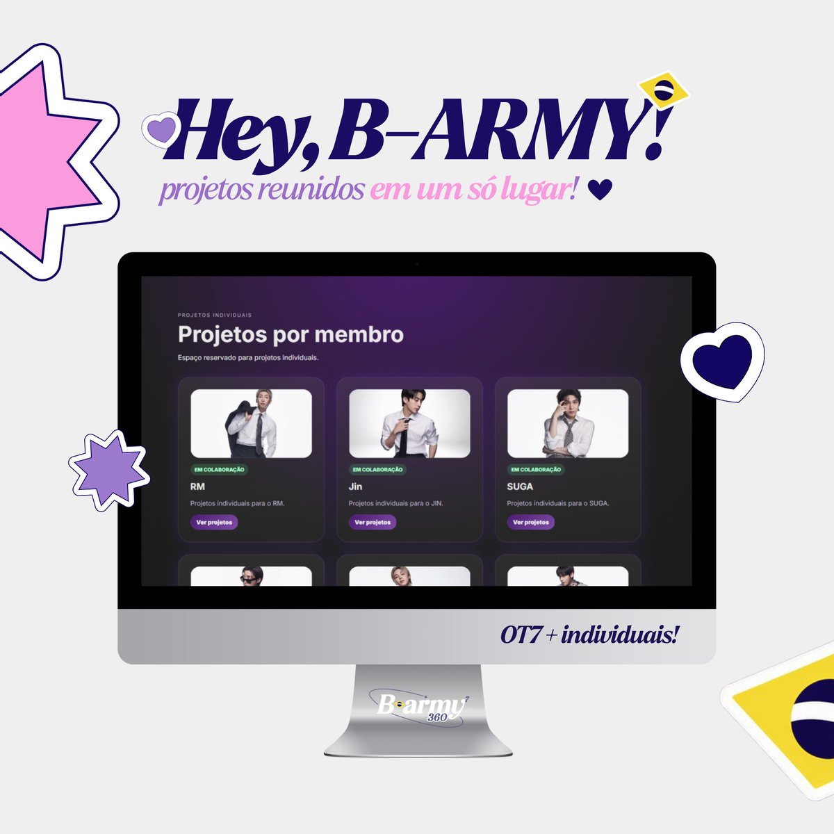 itsjeonjm's tweet photo. 💜 | HEY, B-ARMY! 

Você sabia que o B-ARMY360 possui uma área exclusiva para reunir projetos dedicados ao BTS, tanto OT7 quanto individuais? ✨

Agora ficou ainda mais fácil encontrar iniciativas voltadas para cada membro, acompanhar projetos em andamento e descobrir novas formas de apoiar a comunidade ARMY do Brasil! 🇧🇷

🌟 Projetos OT7 e individuais
🌟 Organização em um único espaço
🌟 Fácil acesso para acompanhar e participar

📢 Não perca nenhuma novidade da comunidade! Entre no nosso site e canal de informações no WhatsApp e acompanhe projetos, avisos e atualizações da B-ARMY360 em primeira mão.

🔗 | Link projetos: https://t.co/P0nGdGueNT
🔗 | Canal no WhatsApp: https://t.co/t4ipc2k8km

#BARMY360 #BTS #BARMY360HandBanner