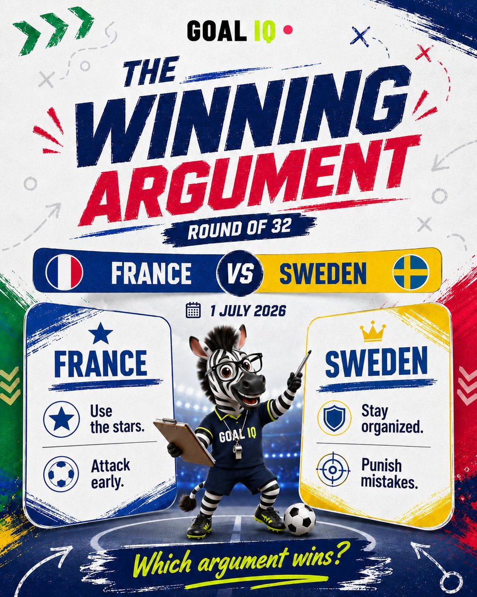 GoalIQ_Official's tweet photo. Winning argument: France vs Sweden
France: Use the stars. Attack early.
Sweden: Stay organized. Punish mistakes.

Which case wins?
@FIFAWorldCup @equipedefrance @svenskfotboll
#GoalIQ #WorldCup2026 #RoundOf32 #FranceVsSweden https://t.co/R3iAKC0IF8