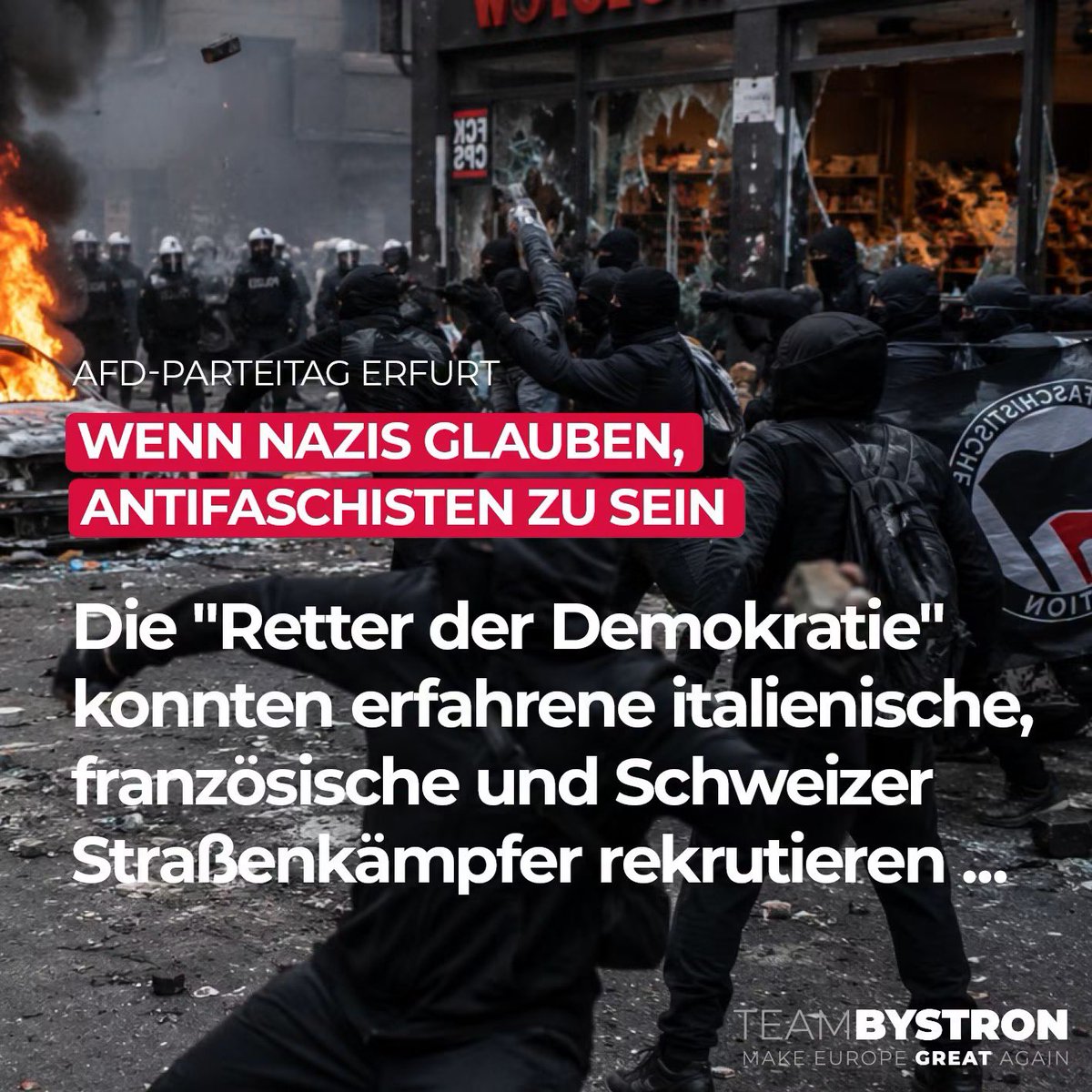 karinaksr2's tweet photo. Und das setzt allem
noch die Krone auf 😡🤬

“Unter der Überschrift „Erfurt und einige Gedanken zur Strategie antifaschistischer Militanz“ rufen die Linksfaschisten auf „Indimedia“ zum bewaffneten Kampf gegen den AfD-Parteitag auf …

Ein Auszug: 

Mit Hunderten oder Tausenden werden wir einen Angriff auf die Erfurter Messe durchführen. Hierbei der strategische Hinweis: Bitte nicht an bereits von den Bullen abgesperrten Kreuzungen etc. verharren. Schwachstellen suchen, Lücken suchen. Die gegenwärtigen Verhältnisse, die bevorstehende faschistische Machtübernahme, zwingen uns dazu, auf die Mittel früherer Jahrzehnte zurückzugreifen: Mollies als Mittel im Straßenkampf haben heutzutage leider ausgedient, sind aber enorm effektiv, um selbst BFE-Prügler wirkungsvoll auf Distanz zu halten. … Pflastersteine sind weitaus effektiver, sie korrekt zu werfen, will ein wenig geübt sein. Ein entschlossen durchgeführter Steinhagel lässt selbst BFE-Truppen mal schnell zurückweichen und aus dem Konzept bringen. Nehmt geeignetes Werkzeug mit, mit dem mensch Steine an günstigen Stellen ausgraben kann. Schaut auch rechtzeitig vorher an, wo Bereiche sind, wo evtl. Depots angelegt werden können. Auch die klassische „Zwille“, die seit den Hamburger Kämpfen um G20 nicht mehr verwendet wurde, darf ruhig aus der Schublade geholt werden.

Das ganze Pamphlet: https://t.co/snIwMUvQF9 “
