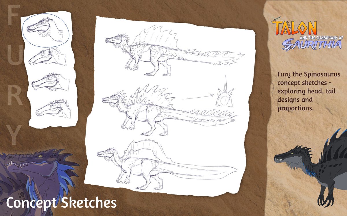 Lunar_DragonEnt's tweet photo. Fury Concept Sketches β‘
Take a peek into Fury's evolution! π We've unearthed some early concept sketches exploring different head shapes, tail designs, and proportions before landing on her final look.
Which design is your favourite? π¦
#TalonFest #ConceptArt #IndieAnimation #DinoArt #Spinosaurus