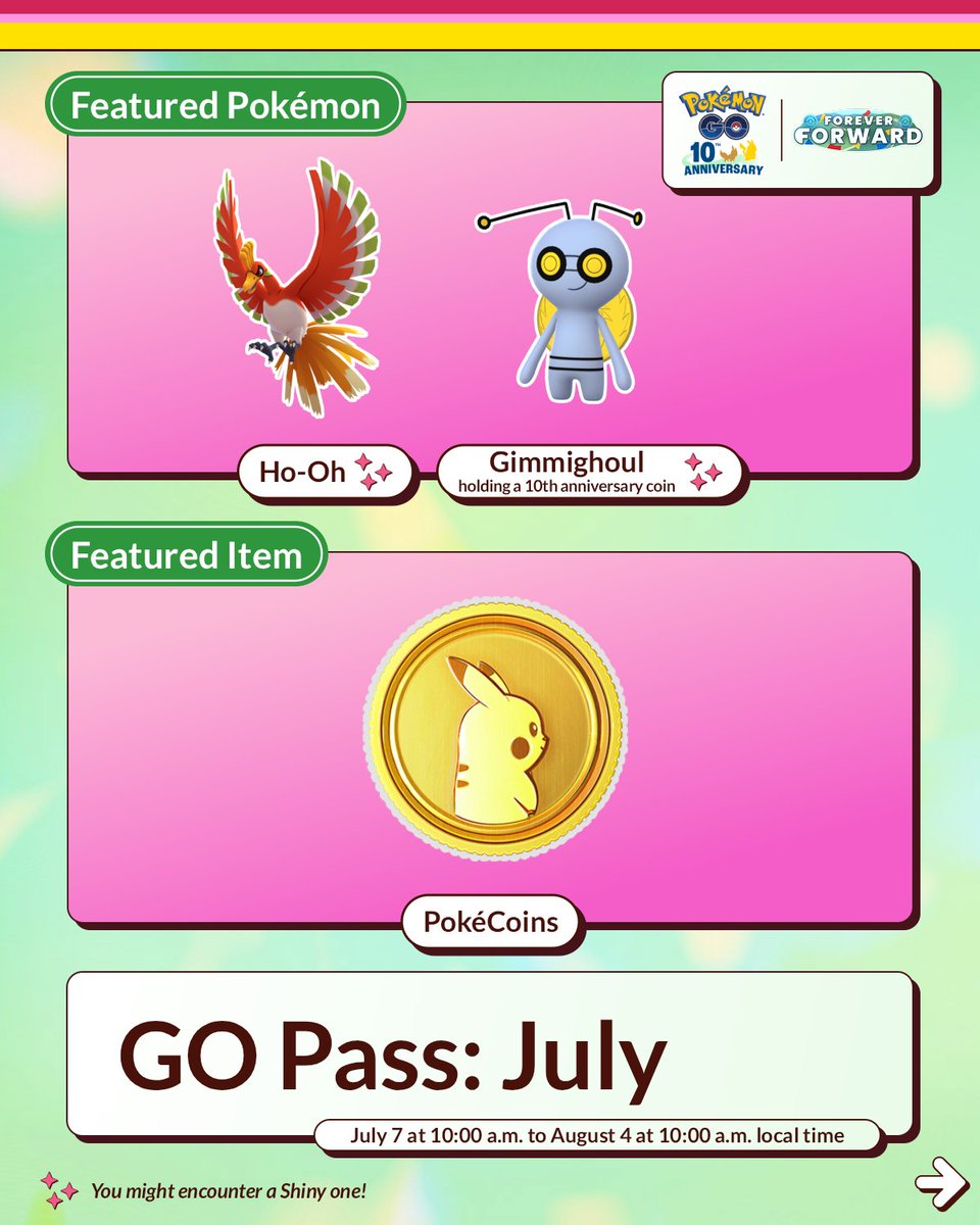 PokemonGoApp's tweet photo. Woah-oh Trainers, get ready to encounter Ho-Oh during GO Pass: July! 🤩

Collect GO Points to increase your rank and earn rewards, including encounters with different Pokémon, Stardust, XP, and more in #PokemonGO!

https://t.co/ZjMjSWNFyk https://t.co/Ai7ygmxQDu