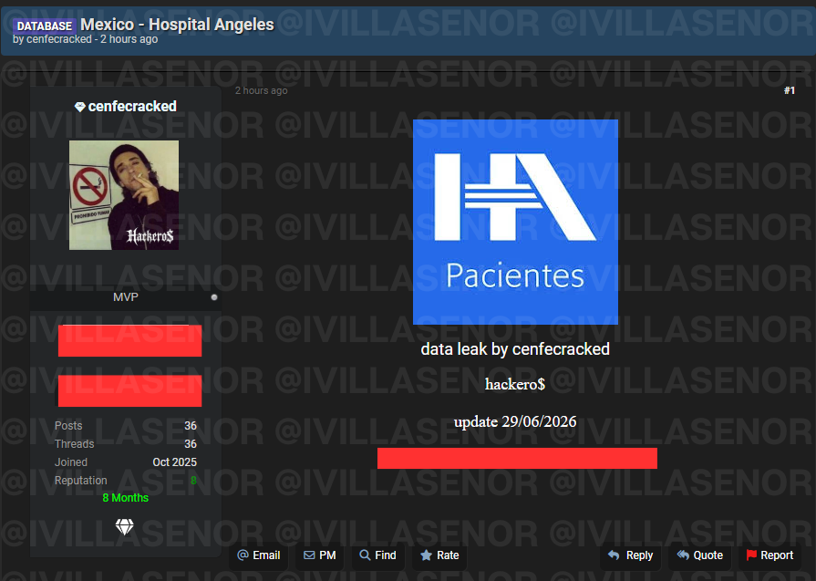 ivillasenor's tweet photo. 🚨 | GRAVE: FILTRAN ANÁLISIS CLÍNICOS DE MÁS DE 26 MIL PACIENTES DEL HOSPITAL ÁNGELES

El grupo de ciberdelincuentes conocido como Hackero$ filtró 26,240 archivos PDF con estudios clínicos de pacientes de @hospitalangeles.

Aunque anteriormente ya se había expuesto información parcial de esta base, es la primera vez que los datos se publican de esta forma y con un nivel de detalle mucho mayor.

Cada archivo contiene INFORMACIÓN SENSIBLE como nombre del paciente, fecha de toma de muestras, sucursal donde se realizó el estudio, habitación o cama, fecha de nacimiento, resultados de los análisis y nombre del médico.

📍La filtración NO ES ANTIGUA. Hay estudios actualizados hasta junio de 2026. Además, estos datos, al cruzarse con otras bases filtradas, pueden facilitar fraudes altamente perfilados.

⛔ Por ejemplo, un delincuente podría identificar a cualquier paciente para ofrecer supuestas soluciones médicas después de revisar sus análisis o incluso hacerse pasar por el hospital para informar sobre un presunto padecimiento.

Imaginen que los contacta alguien que sabe cuándo se realizaron los estudios, dónde se hicieron, quién es su médico y cuáles fueron los resultados. En esas condiciones, es mucho más fácil que una persona caiga en el engaño.