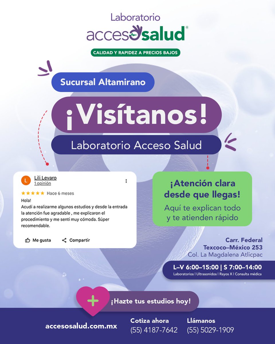 labaccesosalud's tweet photo. La confianza se construye en comunidad. 🫶 En Laboratorio Acceso Salud trabajamos para brindarte una atención clara, rápida y cercana desde el primer momento. 🙌

📍 Sucursal Altamirano: https://t.co/WoGHQ2sw2v
📲 WhatsApp: 55 4187 7642

#AccesoSalud https://t.co/dOwOCebaVK