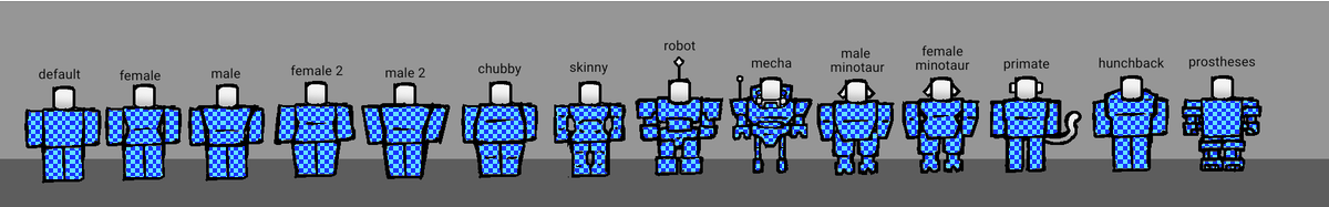 B3arzandoyeah's tweet photo. i think the idea of greater diversity of bloxy robloxians is cool, but its developed and exemplified in a somewhat flawed way here
so i tried to make some fun variations of the bloxy/default body type
#roblox https://t.co/ZmSW0d6wM9
