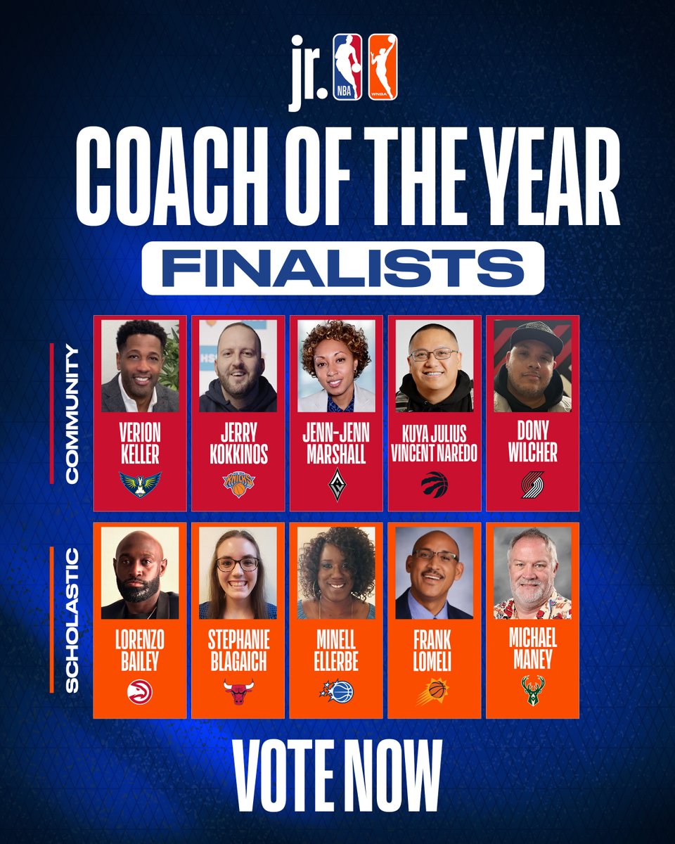jrnba's tweet photo. 🚨 VOTING IS NOW OPEN! 🚨

The Jr. NBA/Jr. WNBA and @PositiveCoachUS have announced the 10 U.S. finalists for Coach of the Year! 🏆

These coaches lead with integrity, character and heart - making a difference on and off the court every day. ❤️🏀

Meet the five Community and five Scholastic finalists, then cast your vote to help crown this year's winners!

👉 VOTE NOW: https://t.co/ZkQ4R93IGf