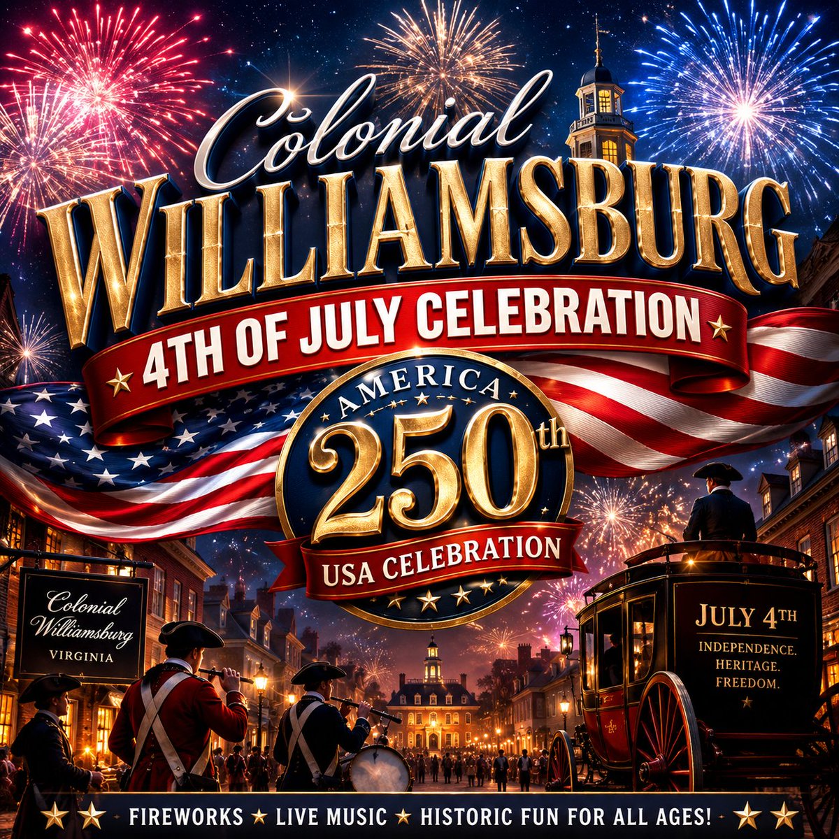 cbtraditions's tweet photo. Save the date! July 4, 2026 — a celebration 250 years in the making! Celebrate America’s 250th anniversary in Colonial Williamsburg with a weekend of patriotic festivities, live music, family-friendly experiences. Event details @ https://t.co/3ibyvukdTi https://t.co/Yc5sHl4pLB