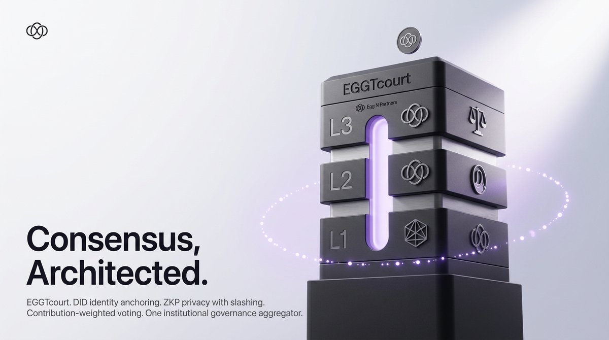 EggNPartners's tweet photo. A voting tool counts hands. EGGTcourt decides who gets to raise one and what their vote weighs.

Three layers: DID identity anchoring, ZKP privacy with slashing, contribution-weighted voting. An institutional governance aggregator, not a polling app.

Consensus, architected. ⚖️ https://t.co/eigJgxJsTE