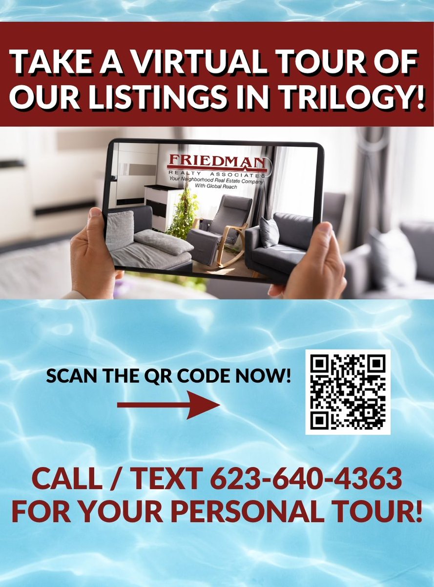 FriedmanRealty's tweet photo. Scan the QR code & take a #virtualhometour of our listings! Call/text us (623) 640-4363 to schedule your private tour! #peoriahomesforsale #homesforsaleinpeoriaaz #luxuryhomes #activeadult #55pluscommunity #golfcoursehomes #yourrealtormatters #lovewhereyoulive #FriedmanRealtyAZ https://t.co/M4Vang9Nxs