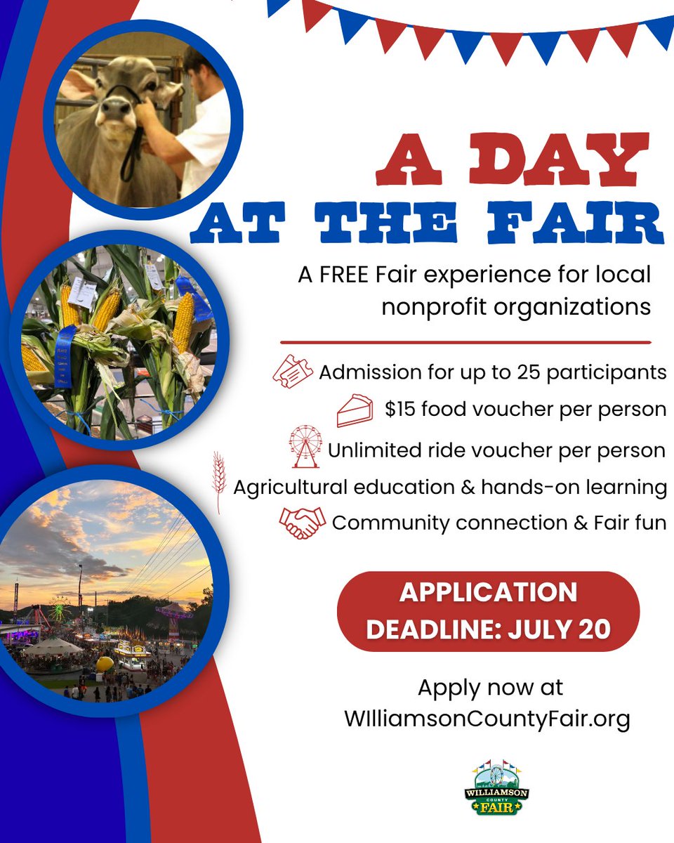 Williamsonfair's tweet photo. 🎡A Day at the Fair Returns!
The Williamson County Fair is providing four nonprofit organizations serving underserved, at-risk, special needs or youth populations with a FREE day at the Fair.

🗓️ Applications are due July 20. Apply here: https://t.co/QVfQSYaOPx https://t.co/TcOZDn5WK3