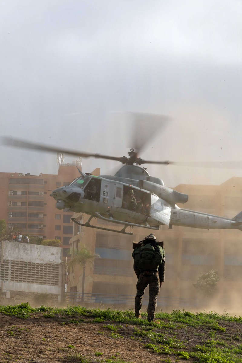 Southcom's tweet photo. On the ground in Venezuela:
A U.S. Marine with Maritime Raid Force, Littoral Combat Force-24, watches a UH-1Y Venom with Marine Medium Tiltrotor Squadron (VMM) 365 (Reinforced), LCF-24, depart a landing zone in La Guaira, Venezuela on June 27, 2026.

#SOUTHCOM is supporting @StateDept-led U.S. government relief operations following the devastating earthquakes that struck the nation on June 24, 2026.

@DeptofWar @USMC @The24MEU @WHAAsstSecty @USForeignAssist @USAenEspanol @usembassyve