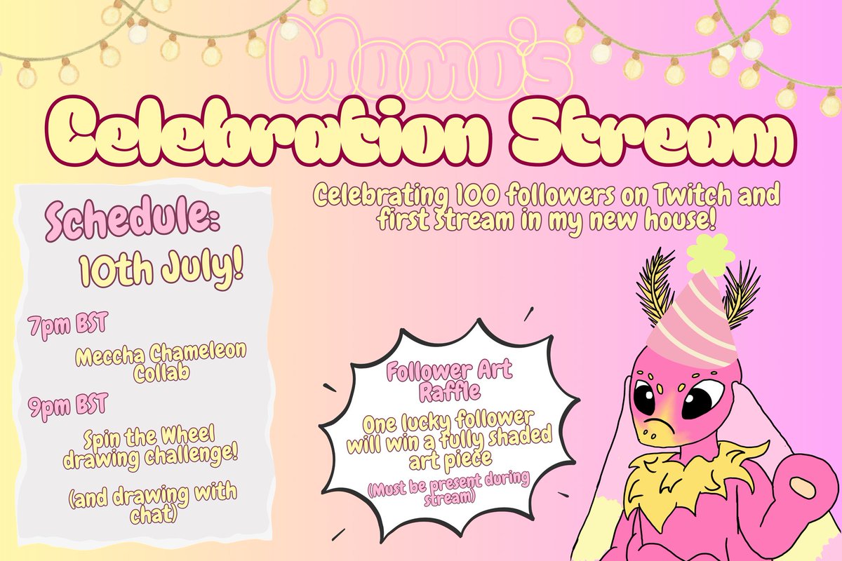 Momomaplemoth's tweet photo. Official announcement for my celebration stream!! Join me on the 10th July at 7pm BST for art themed shenanigans!
https://t.co/ogFALehMTq
#PNGtuber #celebrationstream #stream https://t.co/0GLOd40nDl